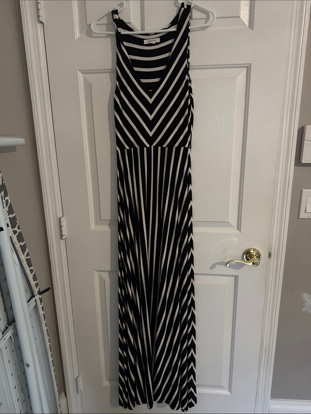 Athleta Black and White Striped V‑Neck Maxi Dress